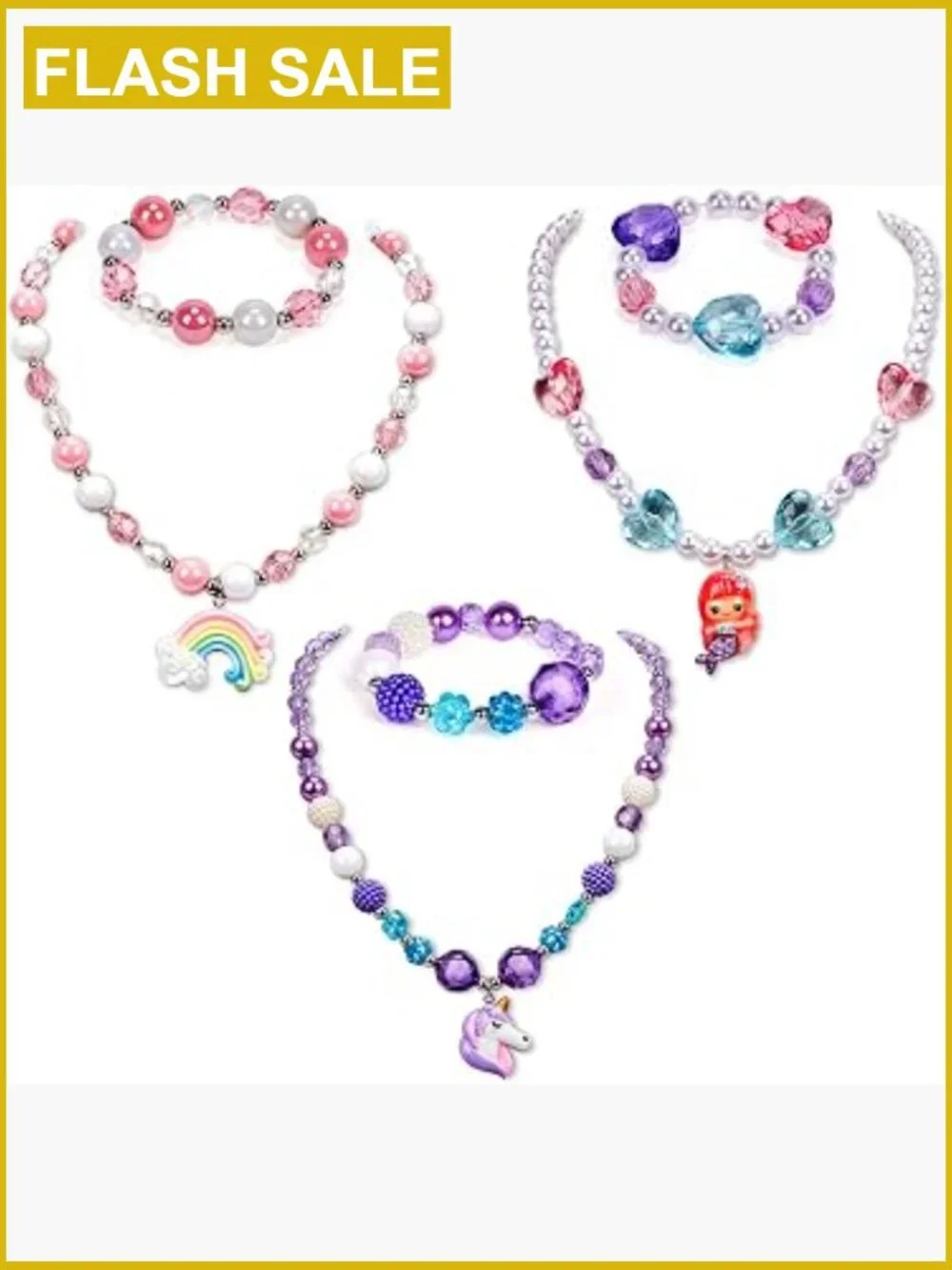 3 Sets Girl Princess Necklace Bracelet Unicorn Mermaid Rainbow Kids Costume
